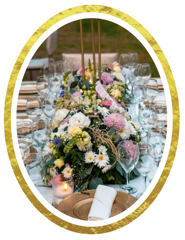 marco dorado con arreglo floral hecho con flores del rancho san juan diego